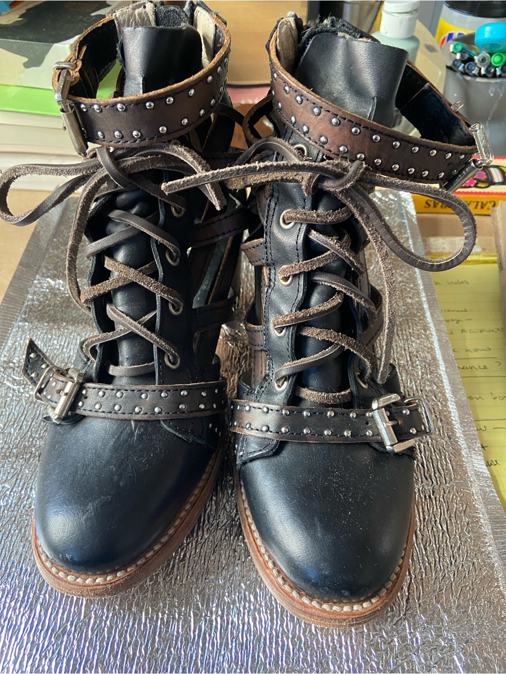 Freebird Black Leather Cutout Heel Boots with Studded Buckle - some wear
